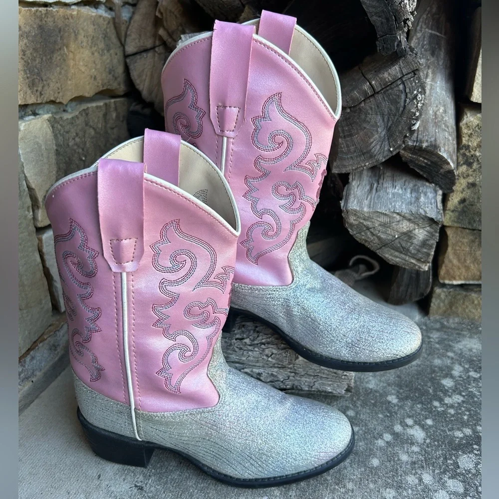 Old West Pink and silver glitter cowboy western kids Boots Sz-1. A - Picture 3 of 12